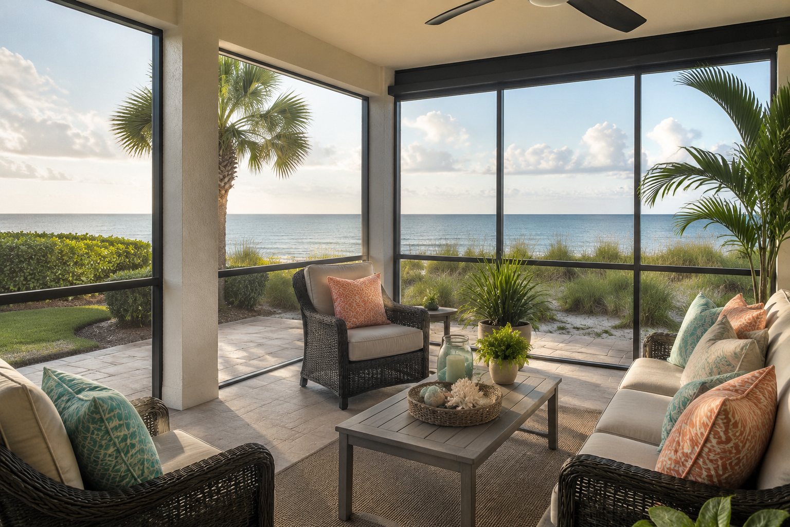 Coastal lanai screen refresh with mesh panels and patio furniture